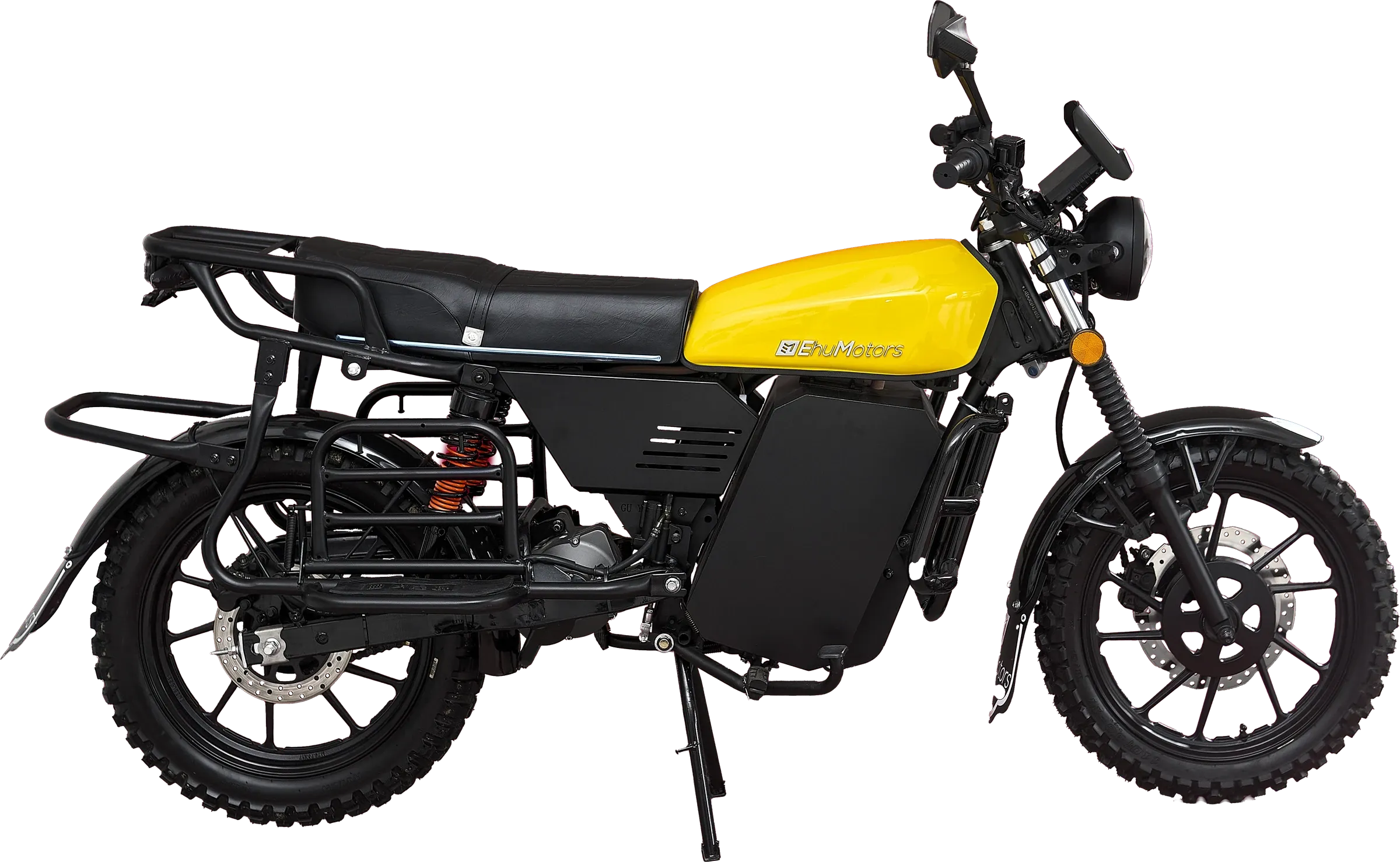 La Dynastie, moto électrique Ehu au réservoir jaune, vue de profil.