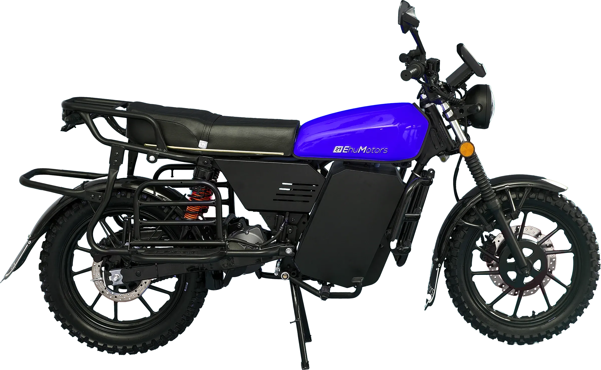 La Dynastie, moto électrique Ehu au réservoir bleu, vue de profil.