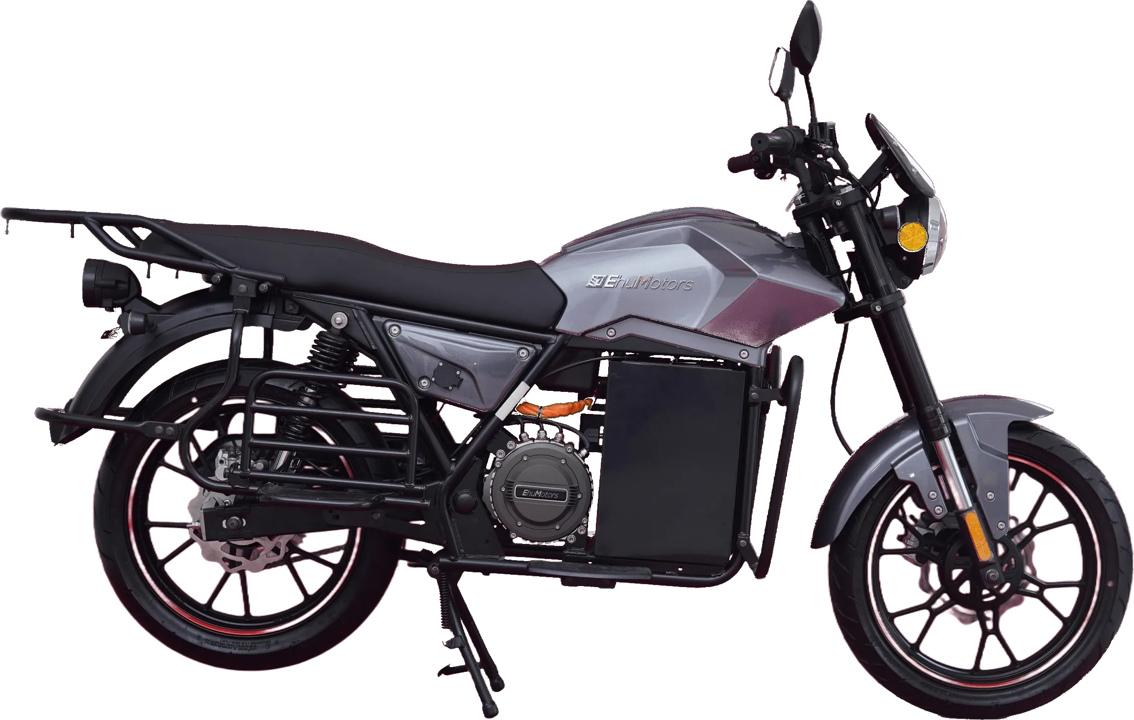L'Élégance, moto électrique Ehu grise, vue de profil.