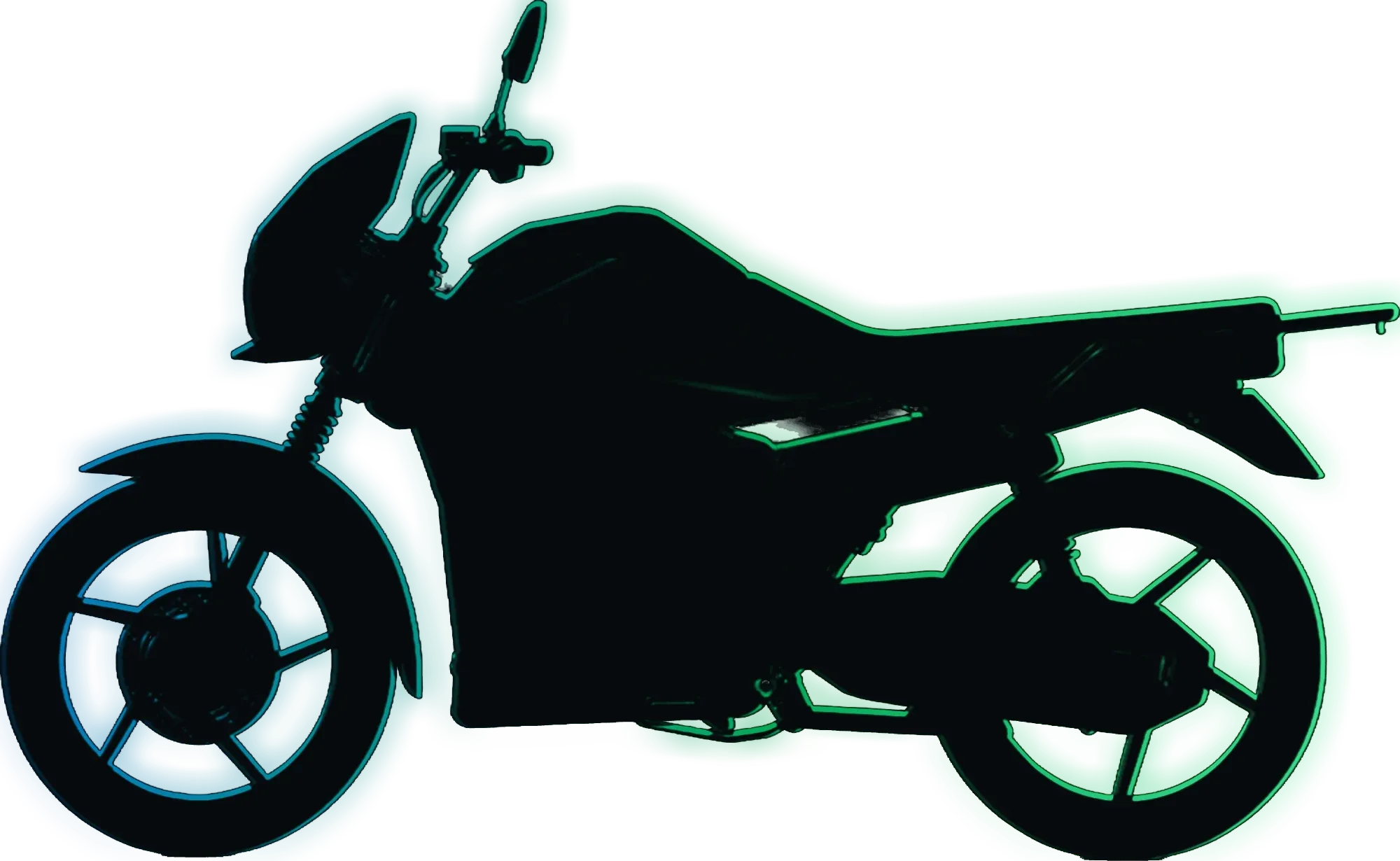 La silhouette de la Nova, la prochaine moto électrique Ehu, soulignée d’un trait de lumière bleu-vert.
