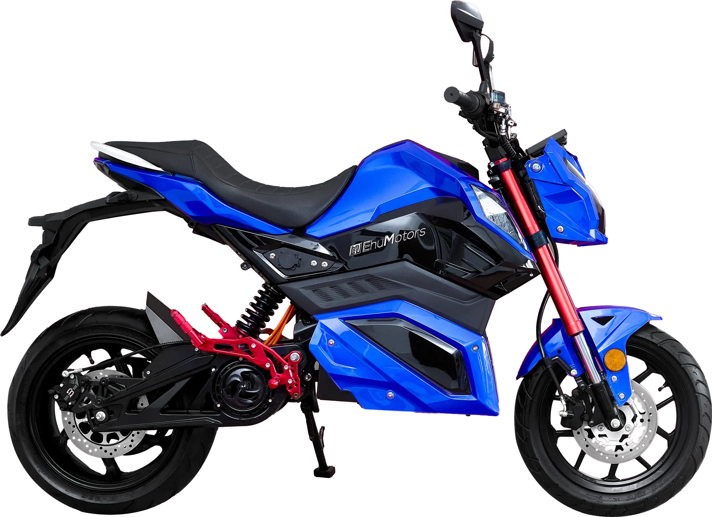 La Sport, moto électrique Ehu bleue, vue de profil.